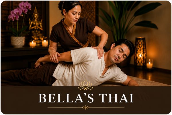 Guest enjoying Bella's Thai bodywork session featuring guided stretching and traditional wellness techniques at Cape Cod Healing Spa.