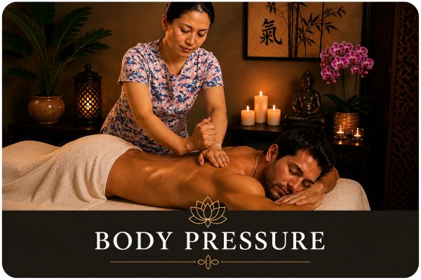 Owner of Cape Cod Healing Spa providing a body pressure therapy session to help relieve muscle tension and promote relaxation in a peaceful treatment room.