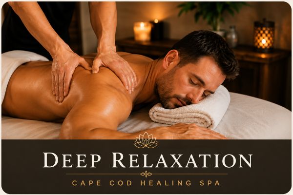 Guest enjoying a deep relaxation therapy session in a peaceful treatment room at Cape Cod Healing Spa.