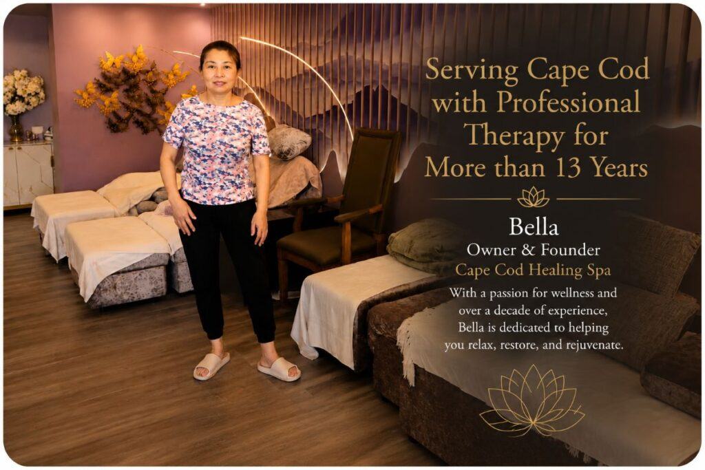 Bella, owner of Cape Cod Healing Spa, welcoming guests to a peaceful wellness studio with more than 13 years of professional bodywork experience serving Cape Cod.