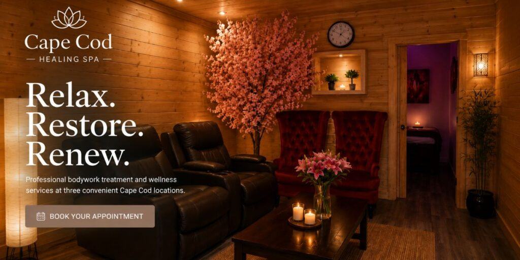 Elegant spa waiting area representing the professional bodywork and wellness services offered at Cape Cod Healing Spa, featuring a warm, relaxing environment designed for comfort and rejuvenation.