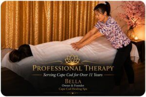 Bella, owner of Cape Cod Healing Spa, providing professional bodywork therapy in a peaceful wellness studio while serving the Cape Cod community for more than 13 years.