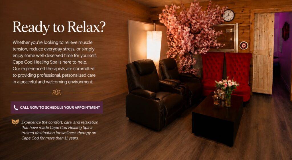 Inviting reception and relaxation lounge at Cape Cod Healing Spa featuring comfortable seating, warm lighting, and a welcoming environment designed for comfort and wellness.