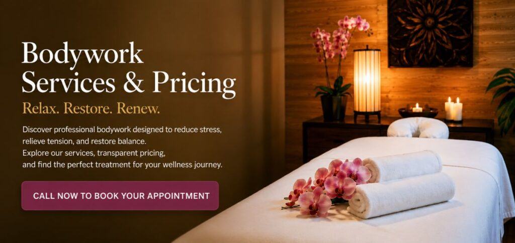 Elegant treatment room at Cape Cod Healing Spa highlighting professional bodywork services, transparent pricing, and a relaxing wellness environment.
